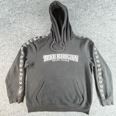 True Religion Hoodie Mens Large Black Arch Logo Sleeve Taping Pullover Fleece