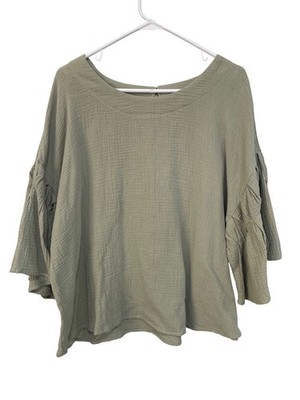 New In Blouse Size 3X Crinkle Ruffle Sleeve Gauze Top Keyhole Back Sage Cotton