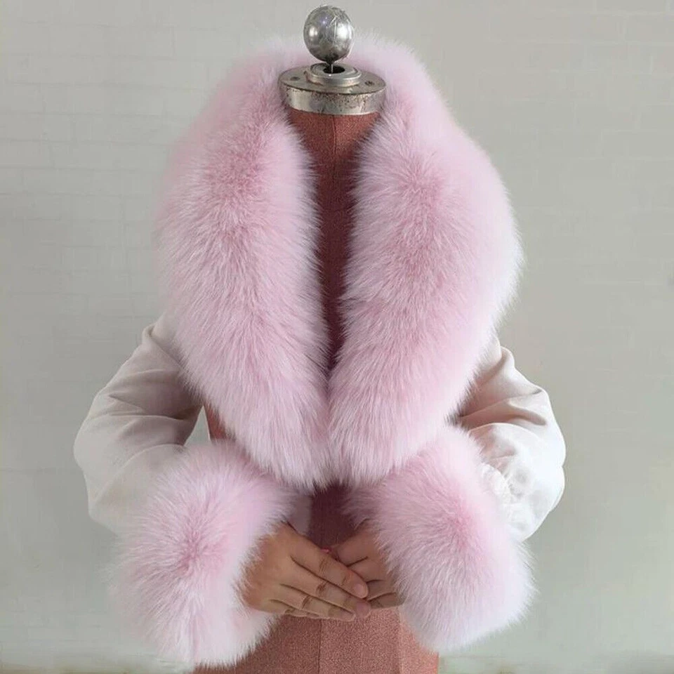 Women's Winter Real Fox Fur Collar Scarf Warm Scarves Shawl Wrist Cuffs One Set - Image 3 of 4