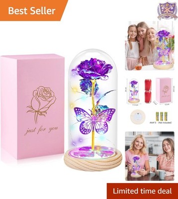 Handcrafted Purple Butterfly Rose Flower with Glass Dome - Lasting Gift of Love