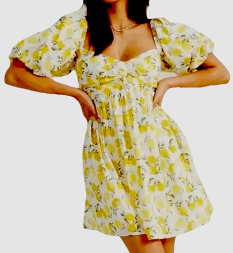 Trixxi Dress L Yellow and White Lemon Print Cotton Tiered Puff Sleeve Mini NWT