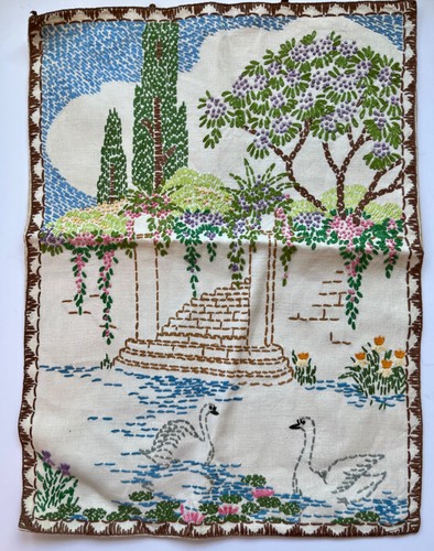 Vtg art deco linen panel sampler, hand embroidered long stitch, linen panel back
