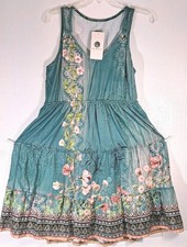 GUNEST Green Floral V Neck Spaghetti Strap O Ring Smocked Boho Mini Dress Medium