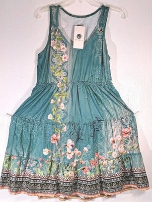 GUNEST Green Floral V Neck Spaghetti Strap O Ring Smocked Boho Mini Dress Large