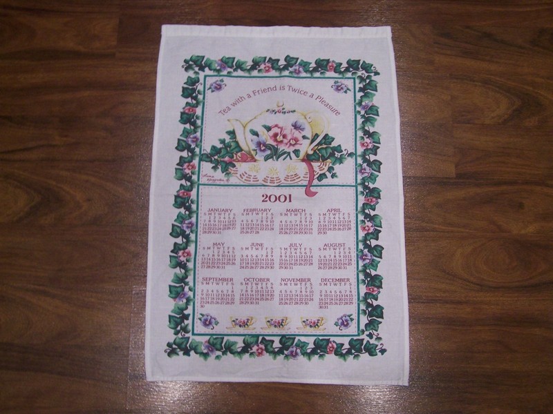 2001 Collectible Calendar Tea Towel Time w/Friend Pleasure Teapot Teacups Floral