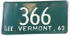 Vermont 1963 Auto License Plate Tag 3 Digit 366 Man Cave Collector Wall Decor