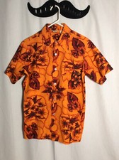 Vintage 70s California Floral Red Orange Button Down Short Sleeve Men Shirt Sz S