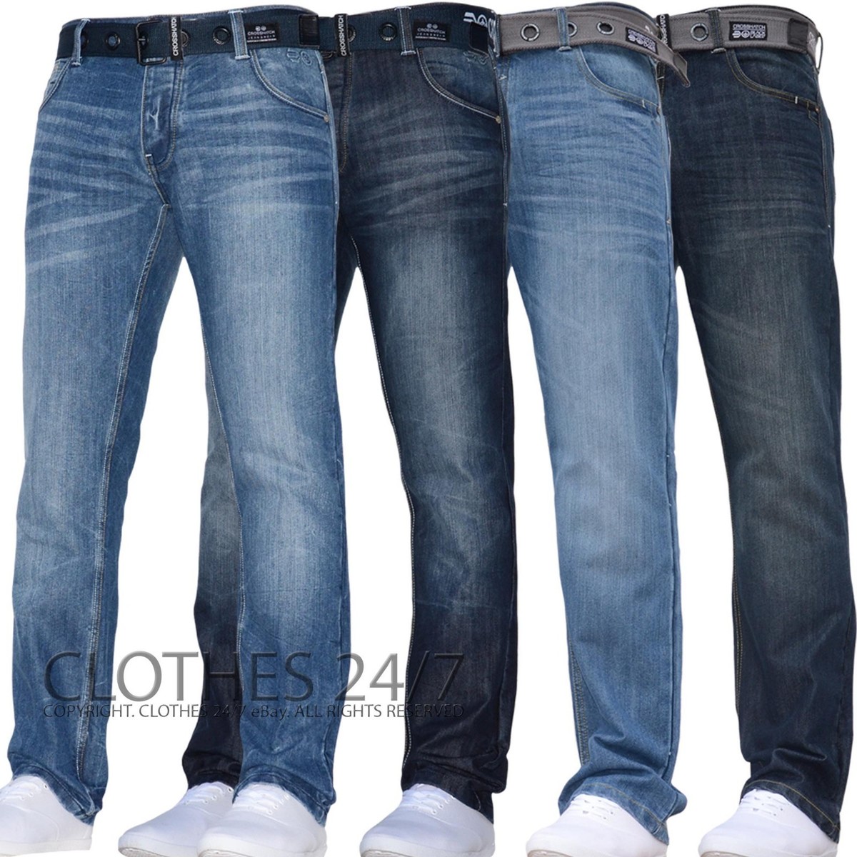 Mens Crosshatch Stretch Straight Leg Dark Blue Jeans Pants All Sizes  Trousers