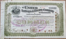 Trolley Tram 1899 Stock Certificate, United Railways and Electric, Baltimore MD