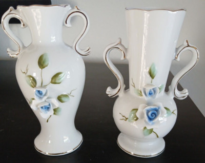 2 Dresden Rose Double Handle Porcelain Embossed Vases 6.2'' Tall Vintage