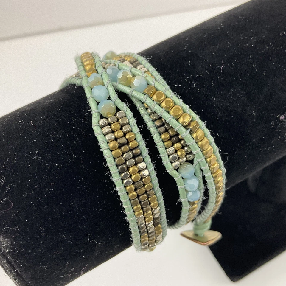 Nakamol 3X Pulsera Envolvente Cuero Aqua Cristales Bronce Oro Cuentas Ajustables Boho Foto 3 de 4