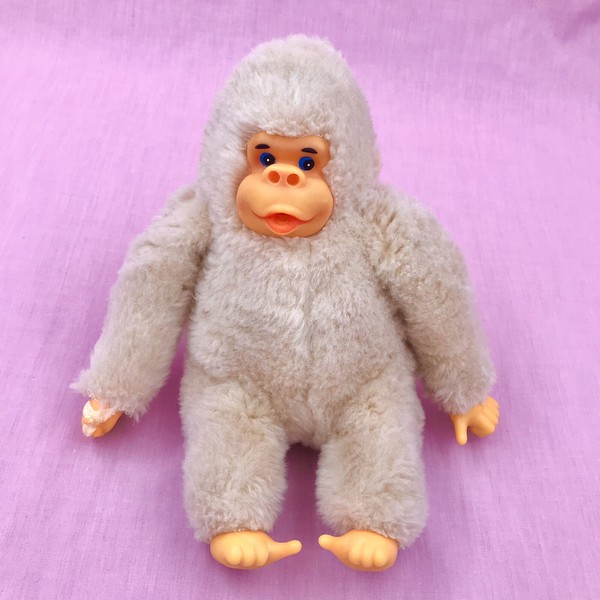 Vintage Plastic Face Gorilla Doll Plush 10" Monchichi Style Rubber