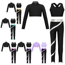 Kids Girls Outfit Metallic Suit Pants Tracksuit Striped Stage Jazz Training Set