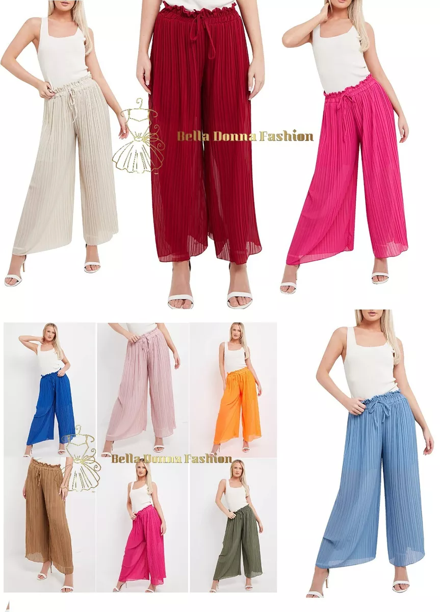 Women s Plazzo Elasticated Trouser Wide Leg Pants Ladies Flared Loose Fit Ribbon