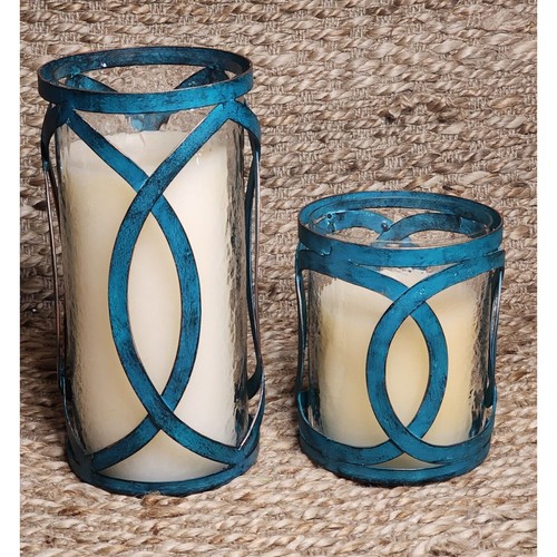 2 Clear Glass Blue Metal Candle Pillar Holders 10.5" & 6.5" With Vanilla Candles - 第 1/9 張圖片