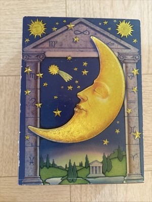 Vintage Crescent Moon Sun Face Stars Zodiac Trinket Box Jewelery Hinged Wood 90s
