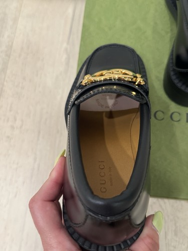 Mocassini Gucci Authentic Spice Lux Nappa Nero Patentato Oro Incastro G US 4 34 - Foto 8 di 10
