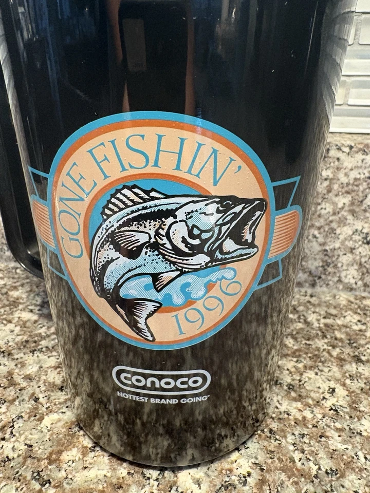Taza aislante de plástico vintage años 90 Betras CONOCO Gasolinera 34oz EE. UU. IDO A PESCAR Foto 2 de 4