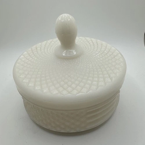 Vintage Westmoreland Diamond Cut Milk Glass Candy Or Powder Dish with Lid