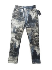 Skull Print Floral Jogger Sweatpants Gray Blue Streetwear Casual Pants Size 30