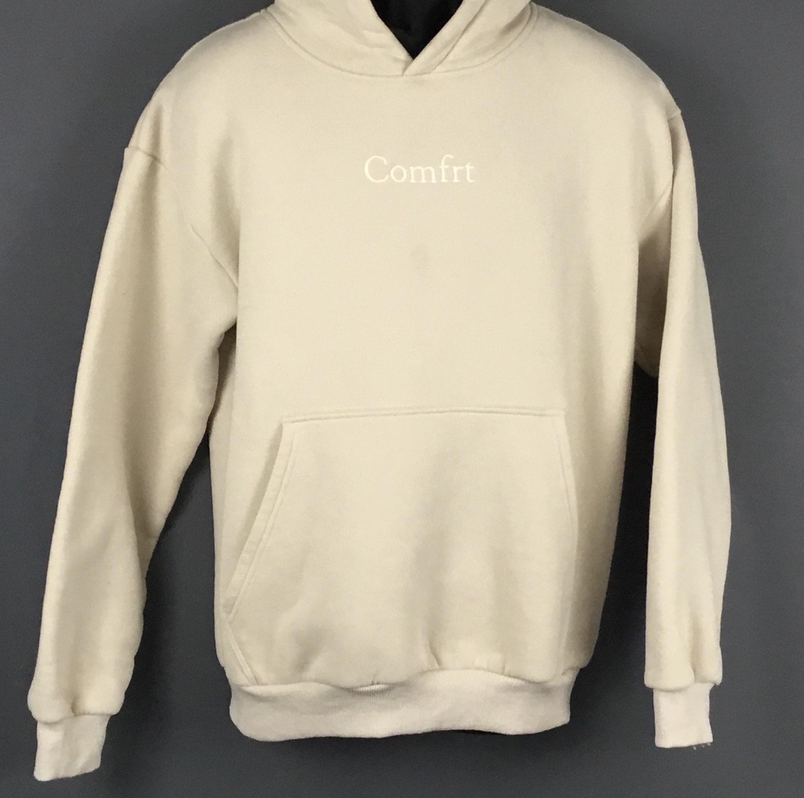 Comfrt Hoodie Mens Small Beige Loose Fit Pullover Sweatshirt Kangaroo Pocket