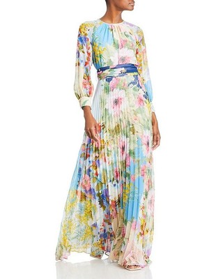 Teri Jon Long-Sleeve Pleated Maxi Dress Size 6 MSRP $700