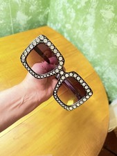 New Oversized Square Retro Style Rhinstone Embellished Black Sunglasses OS