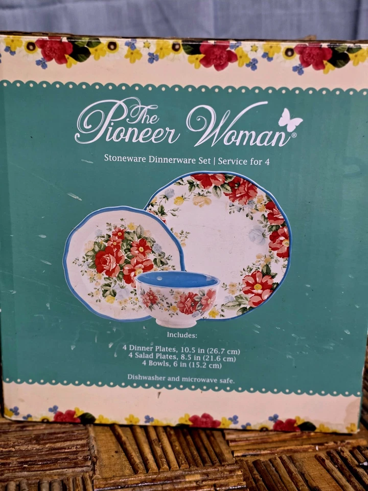 The Pioneer Woman Vintage Floral 12 Peças Conjunto de Louça Pratos Teal Tigelas Mesa - Imagem 3 de 4