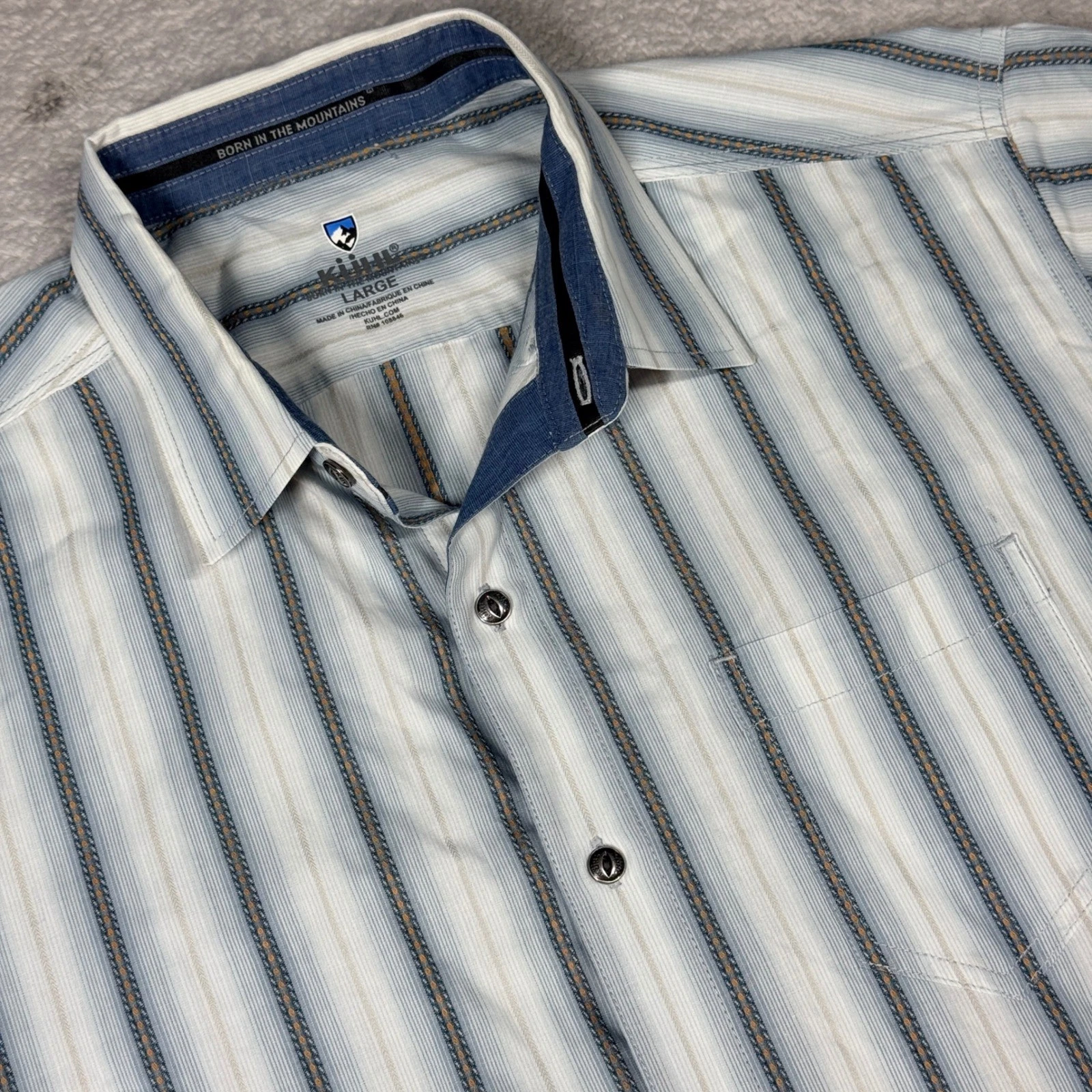 Kuhl Button Down Shirt Mens Large Blue Striped Short Sleeve Hiking Outdoor