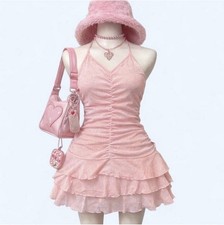 Pink Mesh Ruched Ruffle Sleeveless Mini Dress V-Neck Short XS 