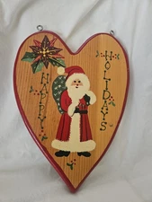 Vintage Signed Happy Holidays Santa Handpainted Heart-Shaped Wood Plaque Sears