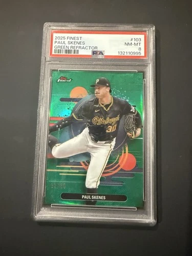 2025 Topps Finest Paul Skenes #103 Uncommon Green Refractor #32/35 Pirates PSA 8