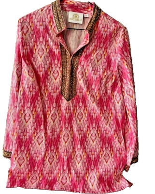 NicoBlu Orchidea Tunic in Fuchsia Pink Ikat and Gold Beaded Trim - Petite 1X