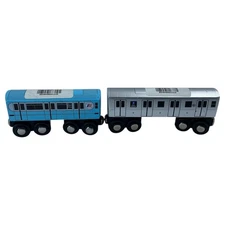 Munipals Wooden Subway Train NYC Metro Cars Blue 7 A Line Toy Lot of 2 trains