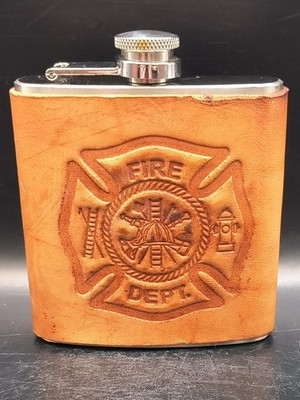 Leather Wrapped Top Shelf Flasks 6 Oz. Stainless Steel Fire Department