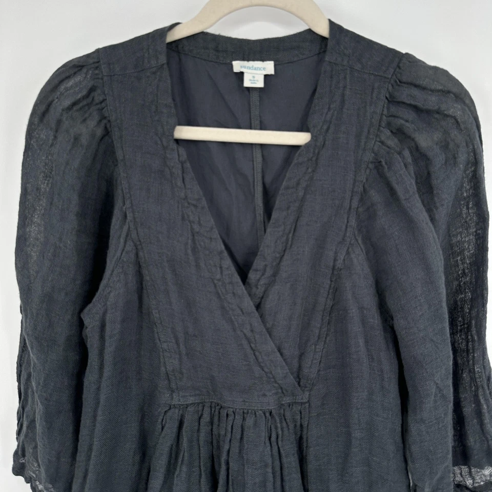 Vestido Sundance Mujer Pequeño Gris Carbón Lino Midi Cuello en V Manga Abullonada Boho Foto 2 de 4