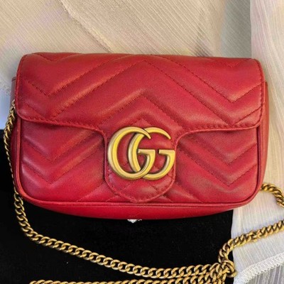 Auth Gucci GG Marmont Mini Chain Bag Red Quilted Leather Crossbody