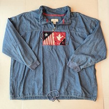 Vtg C.J. Banks Denim Pullover Jacket SZ 2X Blue Jean Draw-String Hem Americana