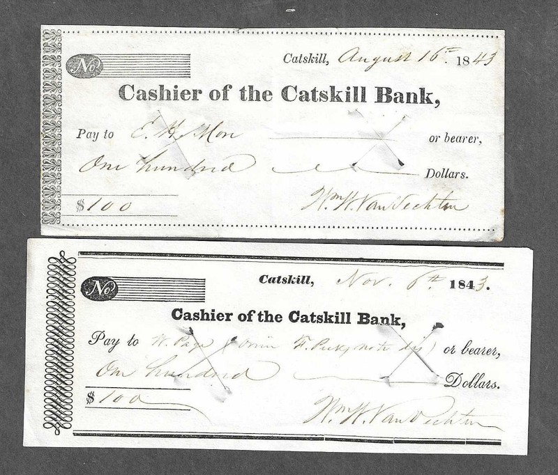 Two 1843 Catskill New York Bank Checks