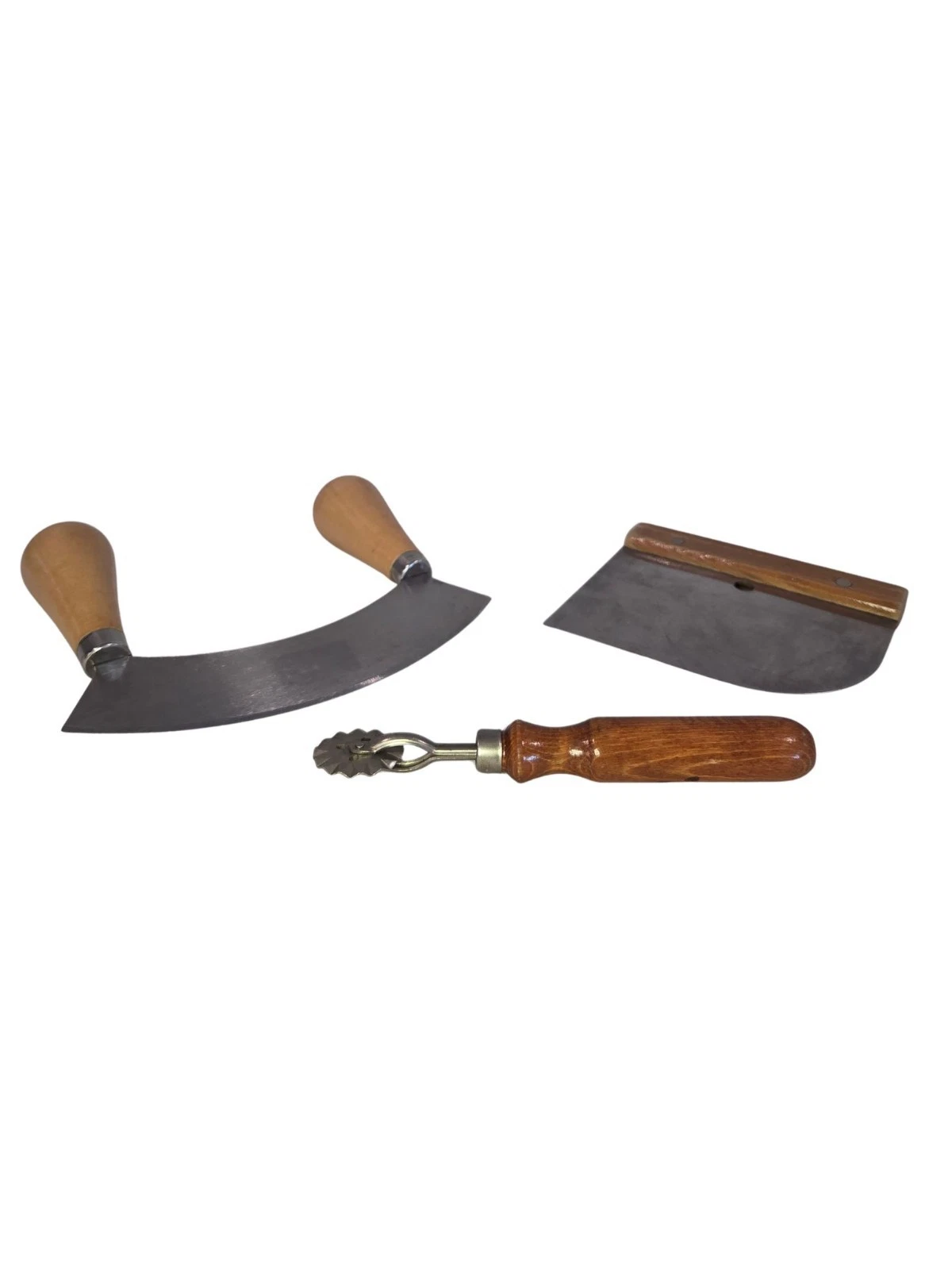 Vintage Mezzaluna Chopper Bench Scraper Pie Crimper Set Italy Wood Handle
Opens in a new window or t