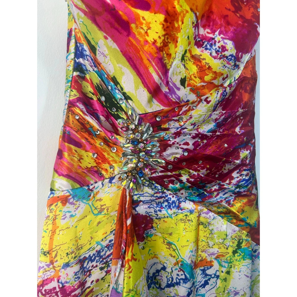 Night Moves Formal Gown Size 2 Rainbow Watercolor Rhinestone Single Shoulder - Image 4 of 4