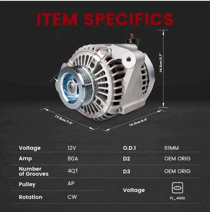 Alternator for/Toyota Yaris S 2007-2009; Yaris Base 2007-2012; Yaris L,LE... - Image 3 of 4