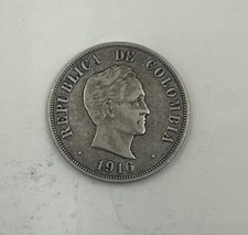 1916 Colombia Republic Fifty Cents .900 Fine Silver Coin