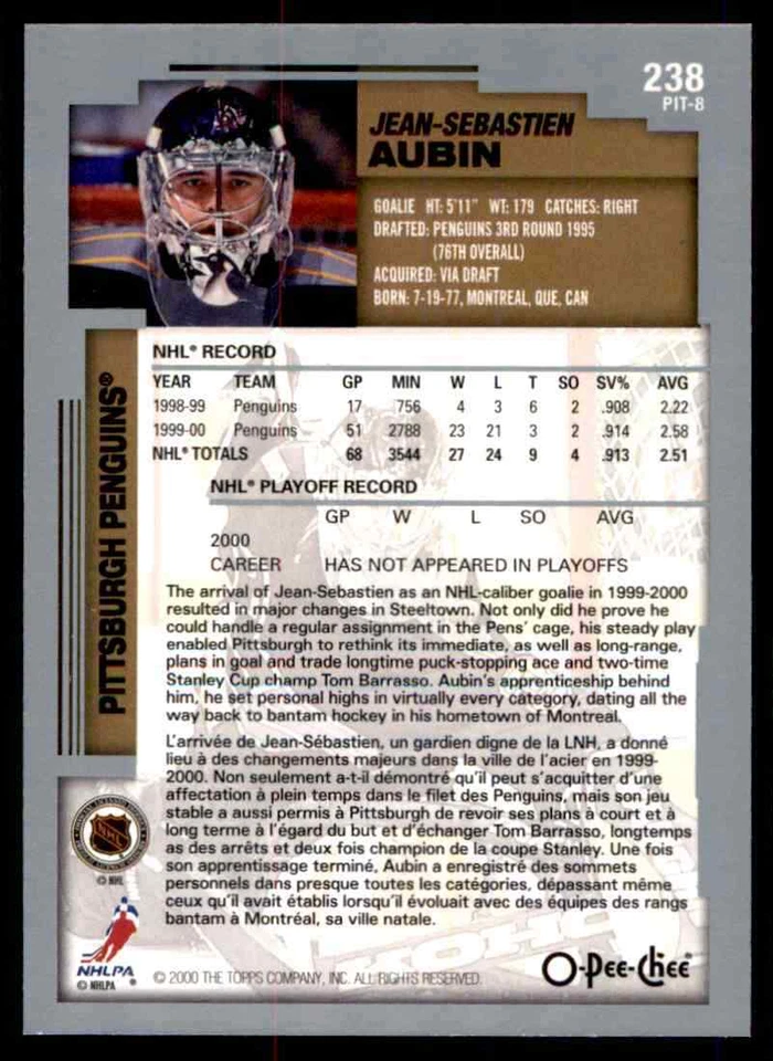 2000-01 O-Pee-Chee Jean-Sebastien Aubin #238 PIT-8 - Image 2 of 2