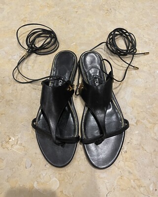 $899 | Tom Ford Black Leather Thong Tie Up Lace Flats Gladiator Sandals - US 8
