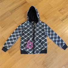 Volcom Womens Gray Black Plaid Flannel Zip Hoodie Hoody Y2k Skater Gear Jacket