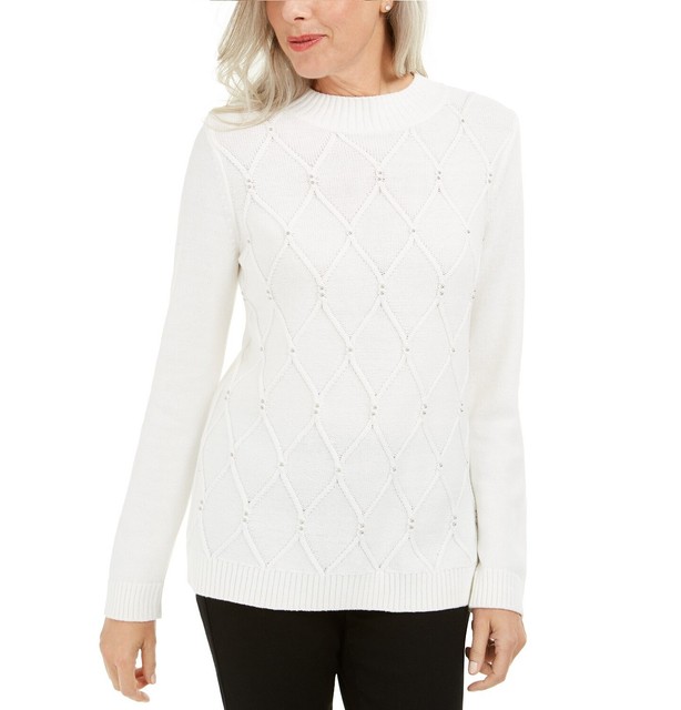Karen Scott Womens Plus XXL White Long Sleeve Beaded Cable Mock Neck Sweater NEW | eBay