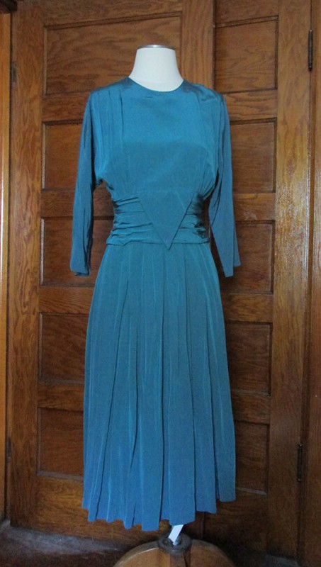 Vintage Sexy TEAL Green BAT WING Sleeve RUCHED Waist Dress Dawn Joy USA Sz 5-6