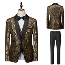 3 Teiliger Herrenanzug Goldene Jacke Blazer Blumen Smoking Sakko Hochzeit