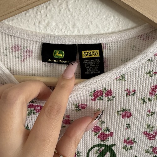 JOHN DEERE Y2K White Pink Floral Cottage Waffle Knit Thermal Long Sleeve Top - Picture 7 of 9